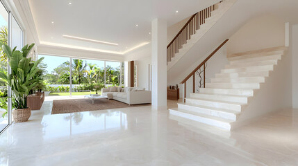 Luxurious modern villa living room with marble floors, grand staircase, and tropical garden view; ideal for real estate brochures