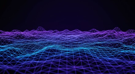 Retro digital landscape, wireframe terrain, neon purple and blue, synthwave aesthetic, 80s style grid, glowing horizon, undulating waves, virtual reality, computer graphics, low-poly mountains, futuri