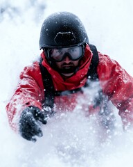 Snowboarder navigating through fresh powder snow.