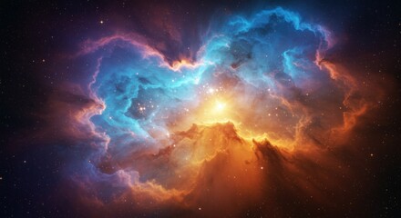 Fototapeta premium cosmic nebula, vibrant colors, swirling gases, glowing core, celestial explosion, blue and orange hues, stellar nursery, space phenomenon, ethereal light, astronomical wonder, high-resolution, photore