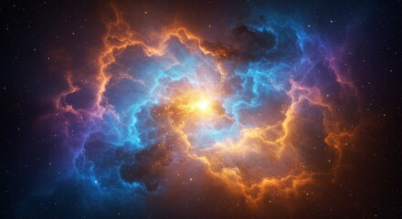 Fototapeta premium cosmic nebula, vibrant colors, swirling gases, glowing core, celestial explosion, blue and orange hues, stellar nursery, space phenomenon, ethereal light, astronomical wonder, high-resolution, photore