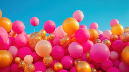 A vibrant canvas, where hundreds of pink and gold balloons, like playful balloons, danced against a cerulean sky, creating a festive spectacle that captured the joy of celebration.