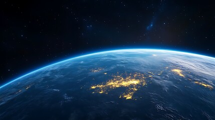 Earth at night from space, showing city lights and the curve of the planet.