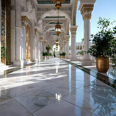 Fototapeta premium Luxurious palace corridor; ornate arches, marble floor, potted plants; sunny day; architectural design visualization