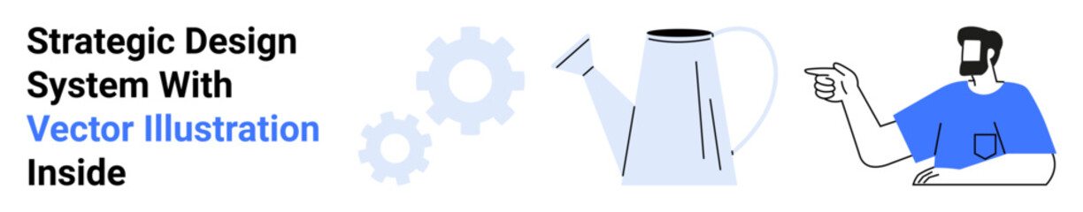 Gears, a kettle, and a pointing person presenting innovative processes. Ideal for creativity, strategy, teamwork, project planning, innovation, product design learning flat landing page banner