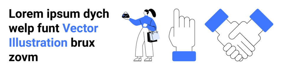 Businesswoman holding a briefcase and takeaway coffee, pointing hand gesture, handshake as partnership icon. Ideal for teamwork, collaboration, networking, agreements, partnerships, business deals