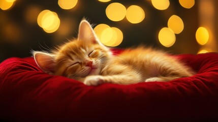 A fluffy orange kitten, nestled in a plush red bed, bathed in the warm glow of bokeh lights, exuded an aura of tranquility and contentment.
