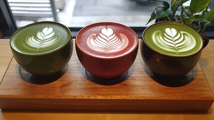 Three matcha lattes, latte art, cafe window