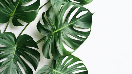 A minimalist masterpiece, where verdant monstera leaves in a vibrant green palette were artfully arranged against a stark white backdrop, creating a sense of tranquility and natural elegance.