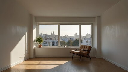 Fototapeta premium Spacious apartment features large windows showcasing a breathtaking skyline allowing warm sunlight to fill the room and provide a serene atmosphere