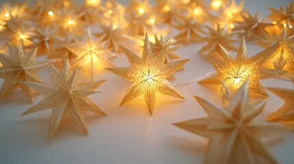 A festive tableau of golden star decorations scattered across a stark white surface, promising an evening of joyous celebrations.