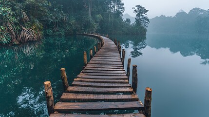 Rustic Wooden Bridge Over Still Teal Water in a Misty Jungle