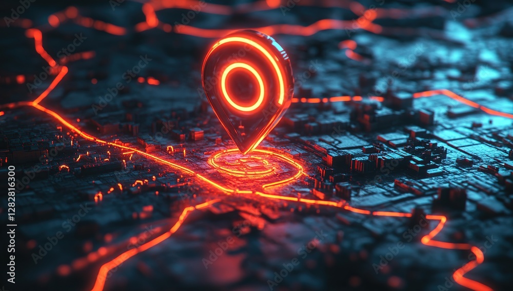 Poster neon gps navigation: 3d city map route finding with glowing pointer and digital roads, futuristic ur