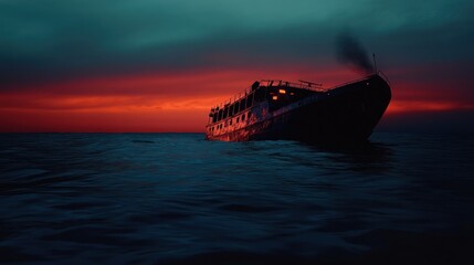 Fototapeta premium Abandoned ship at sea, dramatic sunset, dark ocean