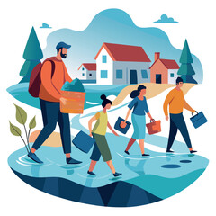 Fototapeta premium Families Displaced by Flooding: Minimalist Scene of Evacuation and Struggle 