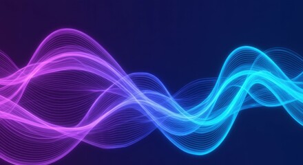Abstract waves, neon blue and purple, glowing lines, digital art, flowing energy, vibrant colors, smooth curves, dynamic motion, futuristic, ethereal, light trails, electric atmosphere, dark backgroun