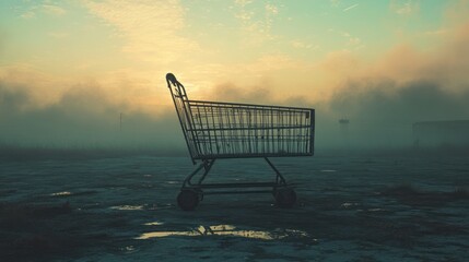 Abandoned shopping cart on misty empty industrial lot at sunrise