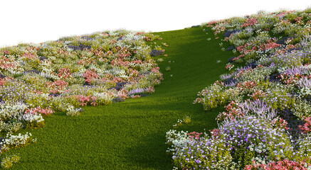 3D render of a walkway on a hill with a field of colorful flowers. On a transparent background