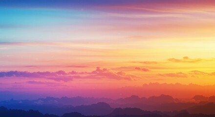 Fototapeta premium Vibrant sunset sky, Colorful gradient horizon, Silhouetted mountain ranges, Dreamy pastel colors, Layered landscape, Tranquil evening scene, Ethereal cloudscape, Soft painterly effect, Atmospheric per