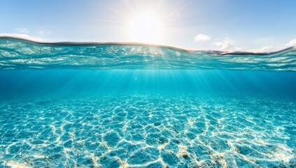 Underwater sunlit ocean scene, split view of surface and seabed.