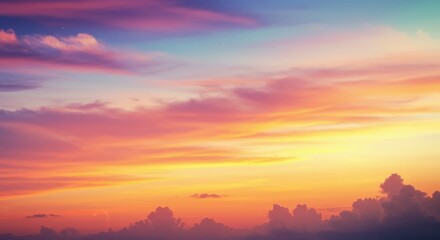 Fototapeta premium Vibrant sunset sky, Colorful gradient horizon, Silhouetted mountain ranges, Dreamy pastel colors, Layered landscape, Tranquil evening scene, Ethereal cloudscape, Soft painterly effect, Atmospheric per