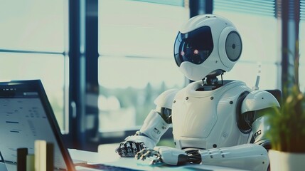 A futuristic robot with a sleek design interacts with technology in a modern office.