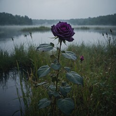 A dark purple rose standing tall in wild grass beside a misty lake.
