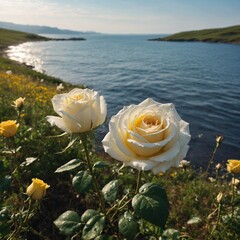 A delicate white rose growing beside a A golden yellow rose in a meadow, facing a vast ocean horizon., crystal-clear mountain stream.