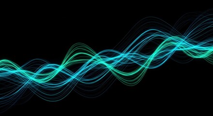Naklejka premium audio waveform, neon blue, electric, oscilloscope display, digital sound visualization, glowing energy, black background, horizontal line, dynamic waves, electronic music, synthetic, futuristic, abstr
