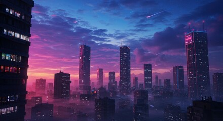 Obraz premium Futuristic cityscape, neon-lit skyscrapers, vibrant purple and blue sky, dusk atmosphere, cyberpunk aesthetic, glowing windows, towering buildings, urban landscape, hazy atmosphere, digital art style,