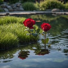 A single red rose in fresh grass by a koi pond with fish swimming in the background.