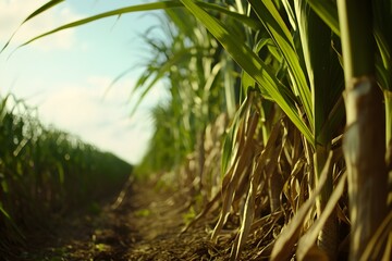 Fototapeta premium A view of a sugarcane field with a tall, thick cane structure, a thin bark-like layer, fresh green foliage, showing the power of this plant in producing sweet natural sugar