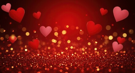 Obraz premium Valentine's Day background, floating red heart balloons, glittering red surface, golden bokeh lights, romantic atmosphere, shimmering particles, deep red gradient, festive holiday scene, love concept,