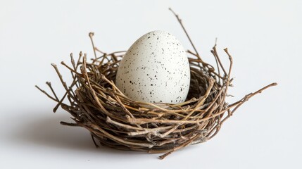 Obraz premium A pristine white speckled egg nestled within a delicate twig nest, crafted with meticulous care and nestled against a pristine white background, symbolizing new beginnings and purity in nature is