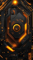 Fototapeta premium Tech circuit panel glows with orange light