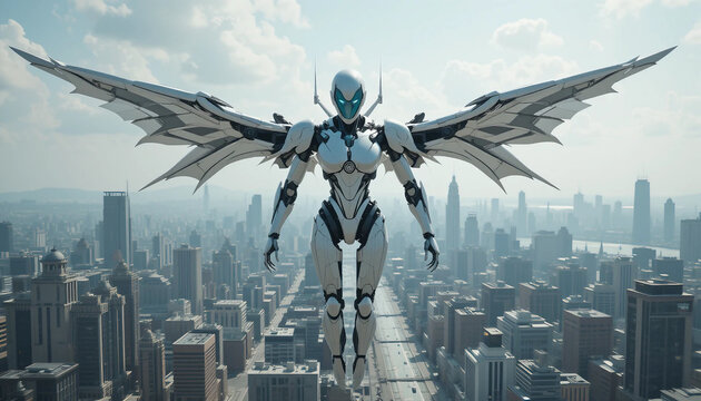 Advanced Robot with Mechanical Wings Hovering Above a Futuristic City,futuristic robot, humanoid robot, sci-fi metropolis, mechanical wings, high-speed propulsion, aerodynamic design, sci-fi cityscape