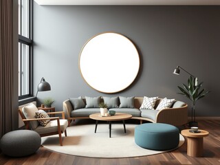 Elegant Living Room Featuring Cozy Couch and Stylish Round Mirror Creating a Warm Inviting Atmosphere