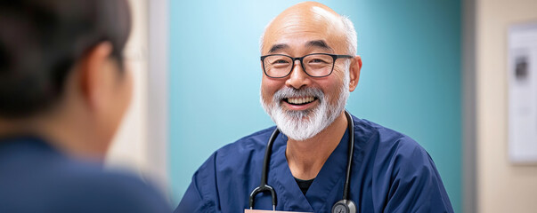 A smiling healthcare professional engages warmly with a patient, conveying trust and compassion in a clinical setting.