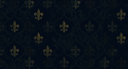 Dark medieval tapestry, golden fleur-de-lis pattern, royal French heraldry, deep navy blue background, ornate textile design, repeating motif, antique fabric texture, Renaissance-inspired, regal wallp