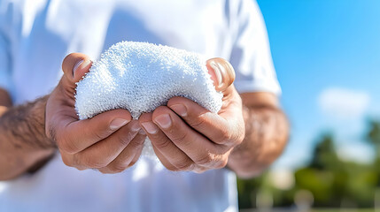 Man holding a wet towel outdoors on a sunny day, with a blurred background of trees and sky; perfect for fitness, health, and wellness websites or blogs