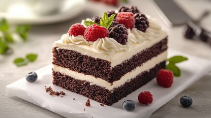 A symphony of sweetness, a canvas of dark chocolate adorned with a cloud of creamy frosting and a cascade of vibrant fresh berries, a visual delight that tantalizes the senses and promises a