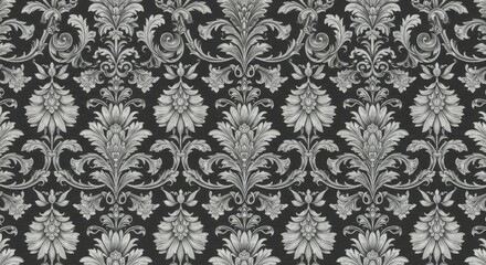 Fototapeta premium Ornate floral damask pattern, intricate sunflower motifs, baroque style wallpaper, monochromatic grey and white, symmetrical design, vintage textile, high contrast, detailed scrollwork, repeating patt