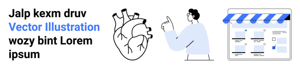 Stylized human heart, man pointing at concept, and online storefront display elements. Ideal for medical, educational, business presentations, online shopping, health awareness, marketing materials