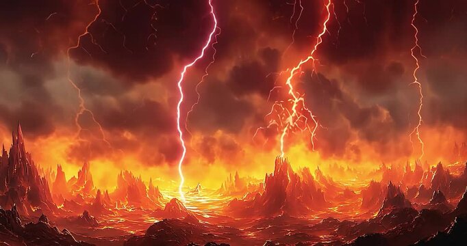 Fiery landscape with lightning, apocalyptic scene, possible use in fantasy game background
