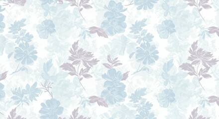 Obraz premium Floral pattern, delicate branches, soft blue flowers, grey leaves, white background, botanical illustration, vintage wallpaper design, seamless repeat, pastel colors, hand-drawn style, elegant, romant