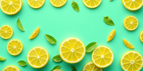 Fresh Bright Lemons and Green Leaves on Vibrant Background Creating a Lively and Cheerful Scene