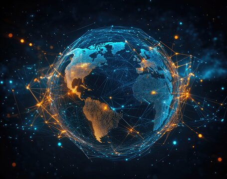 Global network connection, digital earth, space background, data visualization, website header