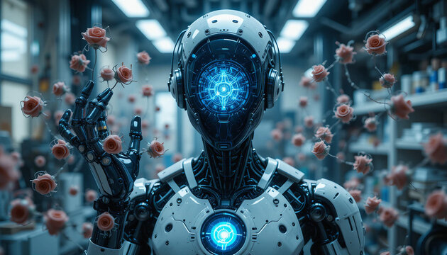 Futuristic AI: Humanoid Robot with Crystalline Core and Drone Army