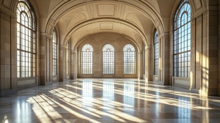 Obraz premium A legislative hall with high arched windows letting in soft daylight. Featuring openness and serenity