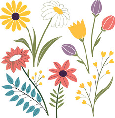 Spring flowers colorful vector set isolated in white background 